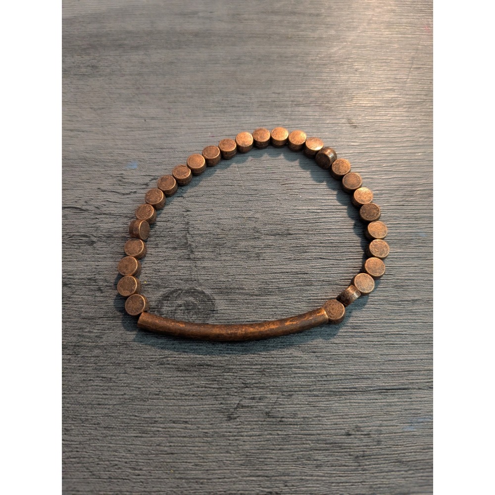 Rustic Copper Tone Stretch Bracelet Cylindrical Disc Beads Curved Bar Minimalist